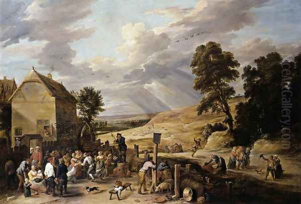 Peasants Dancing outside an Inn 1660s Oil Painting by David The Younger Teniers