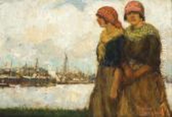 Twee Havenmeisjes Voor De Boten Van De Red Starlij Oil Painting by Eugeen Van Mieghem