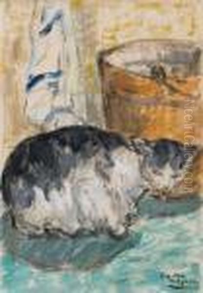 Le Chat Devant Le Seau Oil Painting by Eugeen Van Mieghem