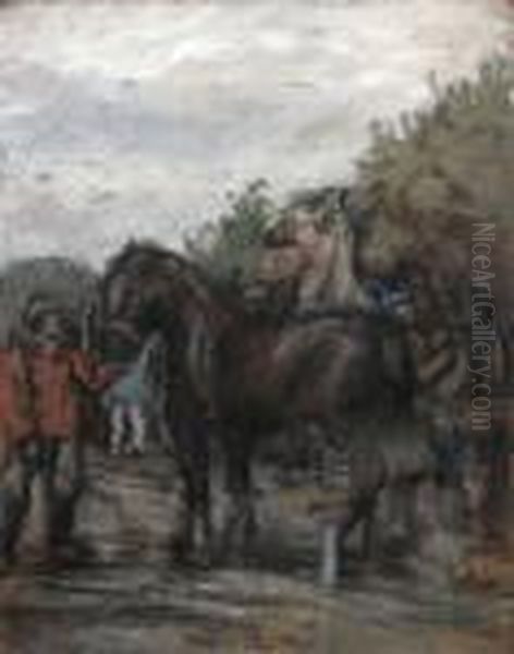 Natiepaarden - Chevaux De Port. Oil Painting by Eugeen Van Mieghem