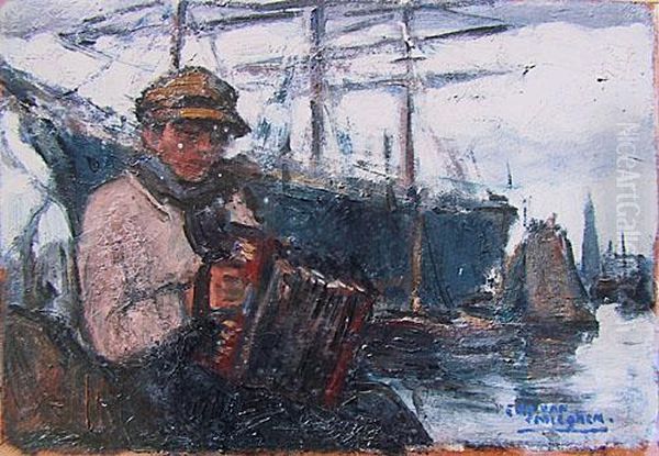 Accordeoniste Au Port D'anvers Oil Painting by Eugeen Van Mieghem