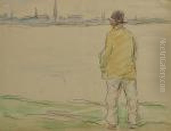 Homme Sur La Rive Gauche Regardant La Rade D'anvers Oil Painting by Eugeen Van Mieghem