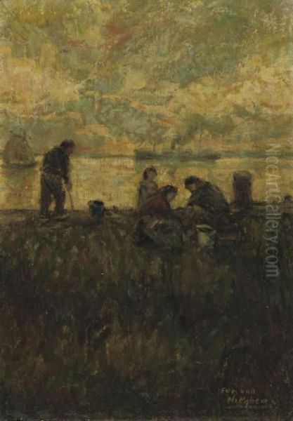 Figures On A Dyke Oil Painting by Eugeen Van Mieghem