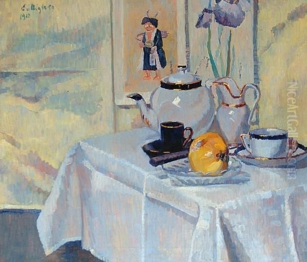 Still Life On A Table With Iris Beyond Oil Painting by Eugeen Van Mieghem