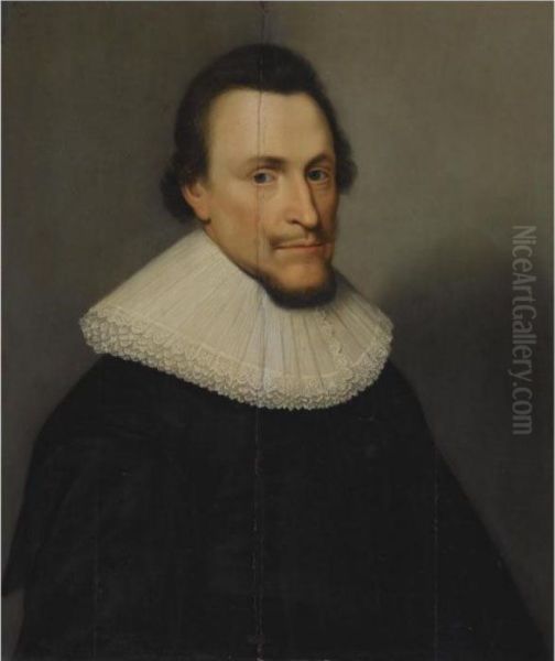 Portrait Of A Bearded Gentleman,
 Bust Length, Wearing A Blackcostume With A White Lace Collar Oil Painting by Michiel Jansz. Van Miereveldt