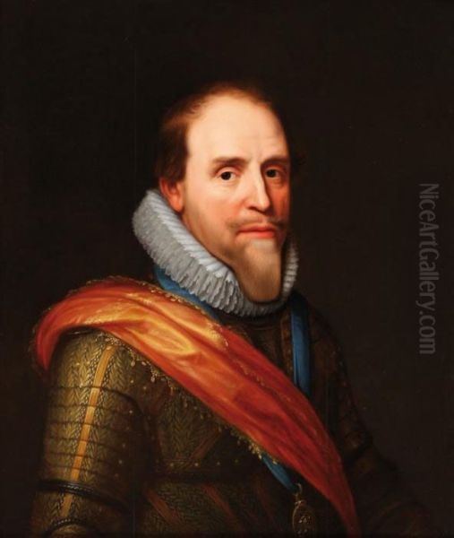 Portrait Of Princemaurits Of 
Orange, Bust-length, Wearing Armour, Lace Collar Andorange Sash Oil Painting by Michiel Jansz. Van Miereveldt