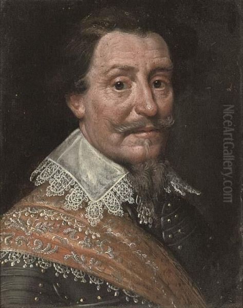 Portrait Of A Gentleman, Bust-length, In Armour, With A Lace Collar And Red Sash Oil Painting by Michiel Jansz. Van Miereveldt