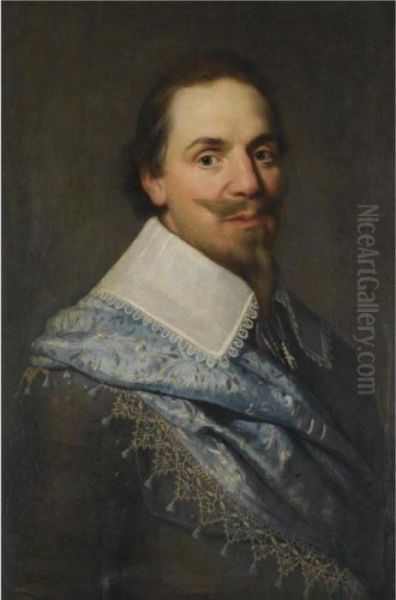 Portrait Of A Gentleman, Head And Shoulders, Wearing Grey With A Pale Blue Sash Oil Painting by Michiel Jansz. Van Miereveldt