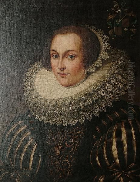 Portrait Of A Lady, Bust Length,
 In A Black Dress Trimmed With Gold, A Lace Collar And Cap Oil Painting by Michiel Jansz. Van Miereveldt