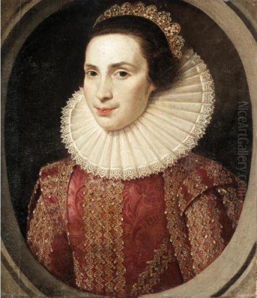 Portrait Of A Young Lady, Half 
Length, Wearing A Richly Embroidered Dress And An Elaborate Ruff Oil Painting by Michiel Jansz. Van Miereveldt