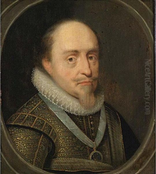 After Michiel Jansz. Van 
Mierevelt, Portrait Of Maurits , Prince Of Orange, Bust Length, In A 
Painted Oval Oil Painting by Michiel Jansz. Van Miereveldt