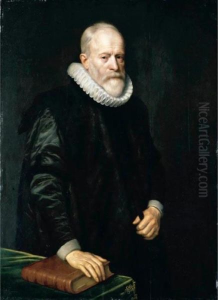 Portrait Of A Gentleman, 
Three-quarter Length, Wearing Black With A White Ruff And Standing 
Beside A Table With His Hand On A Book Oil Painting by Michiel Jansz. Van Miereveldt