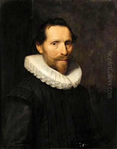 Portrait Of A Gentleman Said To 
Be Hugo Grotius, Half Length, Wearing Black With A White Ruff Oil Painting by Michiel Jansz. Van Miereveldt