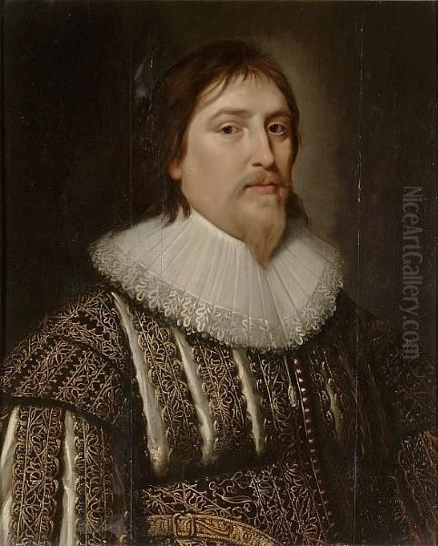 Portrait Of Henry De Vere, 18th 
Earl Of Oxford, Half-length, In A Black Slashed Doublet With Gold 
Embroidery And A White Ruff Oil Painting by Michiel Jansz. Van Miereveldt