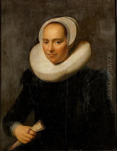 Portrait Of A Lady, Half-length,
 In A Black Dress With A Ruff And A Lace Cap, Holding A Glove Oil Painting by Michiel Jansz. Van Miereveldt