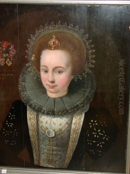 A Portrait Of A Young Lady, Bust Length Wearing Elaborate Ruff And Headdress Oil Painting by Michiel Jansz. Van Miereveldt