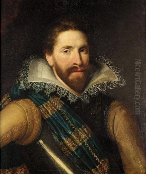 A Portrait Of A Man, Half Length, Wearing A Cuirasse And A Blue Sash Oil Painting by Michiel Jansz. Van Miereveldt