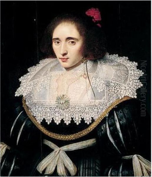 Portrait Of A Lady, Said To Be 
Elizabeth, Queen Of Bohemia, Half Length, Wearing A Black Dress With An 
Elaborate Lace Ruff, And A Red Flower In Her Hair Oil Painting by Michiel Jansz. Van Miereveldt