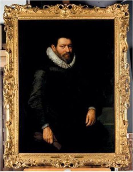 Portrait Of A Gentleman, Three 
Quarter Length, Wearing A Black Jacket With A Lace Ruff, Holding A Pair 
Of Gloves Oil Painting by Michiel Jansz. Van Miereveldt