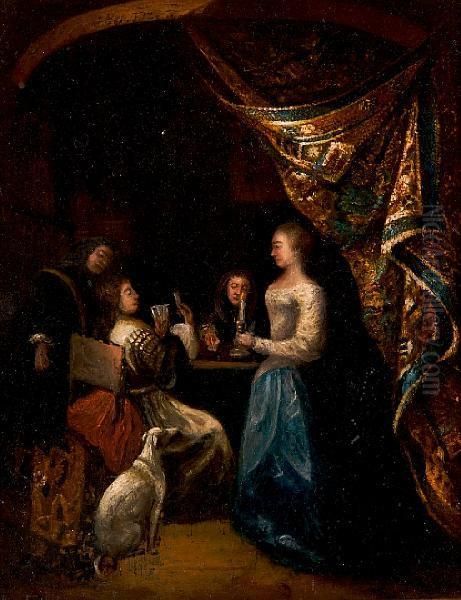 Interior With Figures Beside Drapedtable Oil Painting by Willem van Mieris