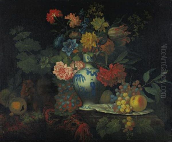 Still Life With Grapes, Peaches And A Bouquet Of Flowers In A Jar, All On A Draped Ledge Oil Painting by Willem van Mieris