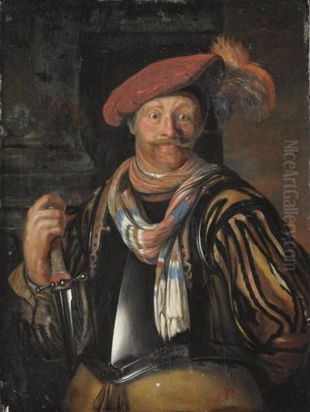 Portrait Of A Gentleman, 
Half-length, In Armour And A Red Plumed Cap, A Sword In His Right Hand Oil Painting by Willem van Mieris