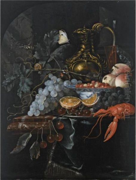 A Still Life With Grapes, 
Strawberries In A Porcelain Bowl, Peaches, A Silver-gilt Jug, A Wine 
Glass, Oranges, Cherries And A Lobster, On A Silver Plate, All On A 
Marble Ledge Draped With A Green Cloth, Together With Two Butterflies, A
 Snail And A Oil Painting by Willem van Mieris