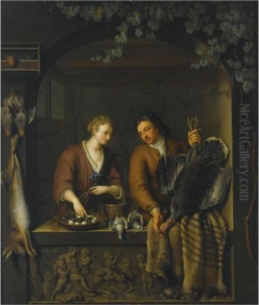 A Man And A Woman Selling Poultry, In A Niche Oil Painting by Willem van Mieris