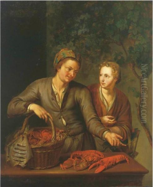 A Fishmonger Selling Crabs To A Lady Oil Painting by Willem van Mieris