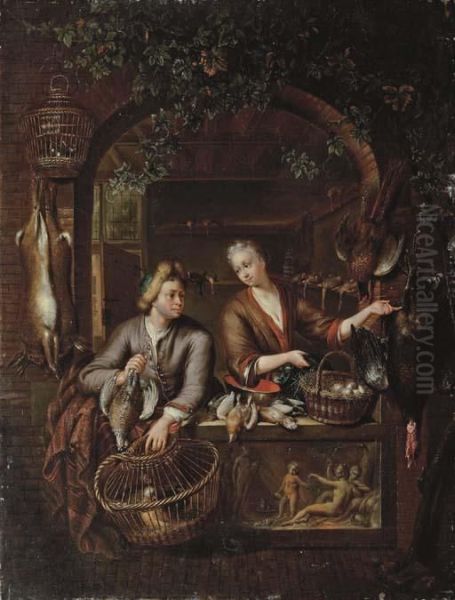 Poultry Sellers In A Arched Window Above A Carved Relief Oil Painting by Willem van Mieris