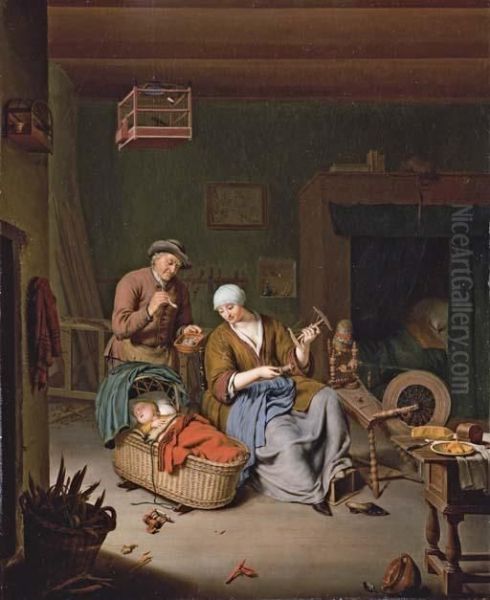 A Woman Spinning Yarn With A Baby In A Wicker Basket And An Old Man Smoking A Pipe Oil Painting by Willem van Mieris