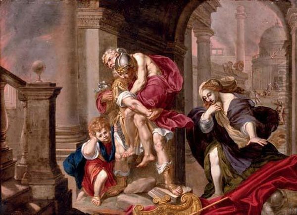 Aeneas Carrying His Father Anchises From The Burning Troy With Ascanius And Creusa Oil Painting by Willem van Mieris