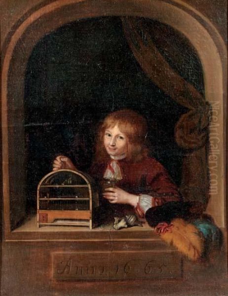 A Boy In A Feigned Niche Holding A Cage With A Song Bird Oil Painting by Willem van Mieris