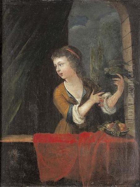 Junge Dame Mit Papagei. Oil Painting by Willem van Mieris