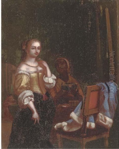 A Lady And Her Maid In An Interior Oil Painting by Willem van Mieris