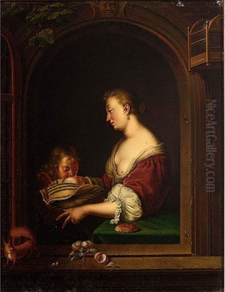 A Mother And Two Children In A Window Together With A Squirrel Oil Painting by Willem van Mieris