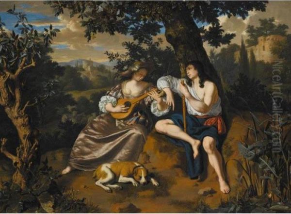 Arcadian Landscape With A 
Shepherd Holding A Flute Listening To A 
Shepherdess Playing A Stringed Instrument A Dog 
Lying At Their Feet Oil Painting by Willem van Mieris