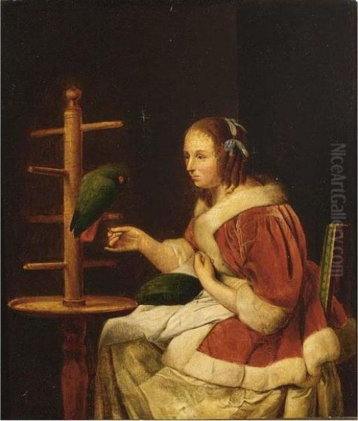 A Woman Playing The Mandoline; A Woman In A Red Jacket; Feeding A Parrot Oil Painting by Willem van Mieris