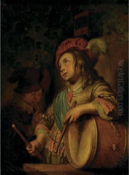 Boys Playing The Flute And Drum Oil Painting by Willem van Mieris