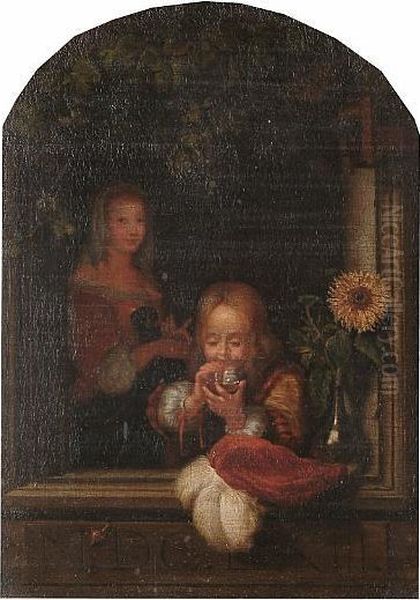 After Willem Van Mieris, 19th Century A Young Boy At A Window Blowing Bubbles Oil Painting by Willem van Mieris