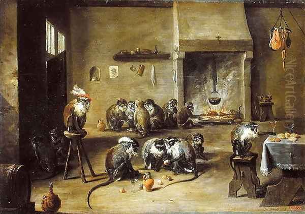 Monkeys in a Kitchen, c.1645 Oil Painting by David The Younger Teniers