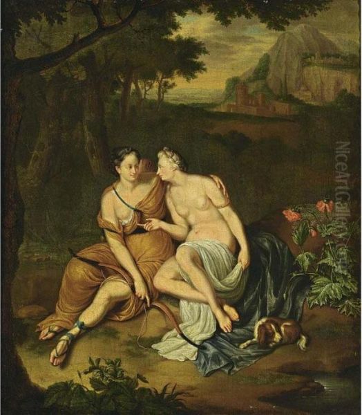 Diana And Callisto In A Classical Landscape With A King Charles Spaniel Oil Painting by Willem van Mieris