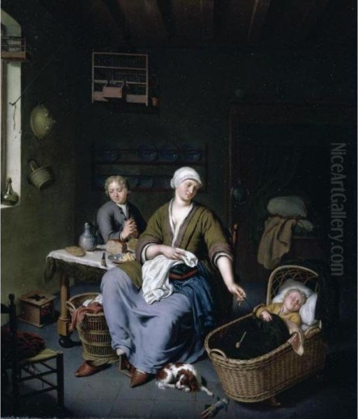 Interior With A Mother Attending Her Children Oil Painting by Willem van Mieris