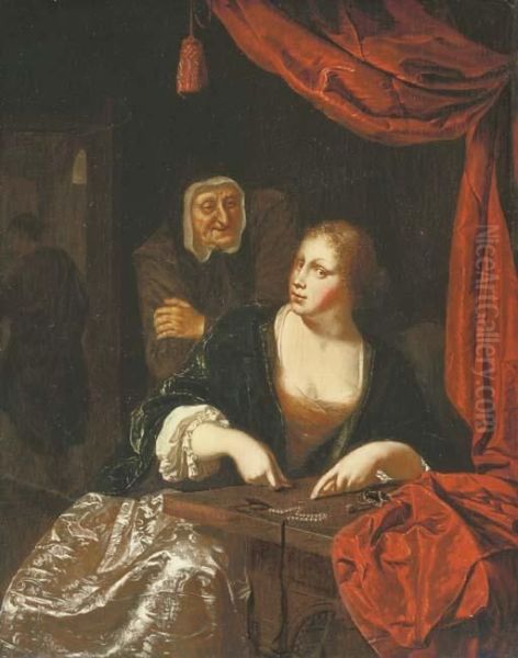 Une Courtisane Comptant De L'argent, Une Entremetteuse Al'arriere-plan Oil Painting by Willem van Mieris