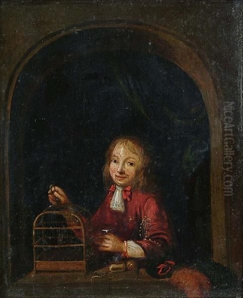 A Young Boy With Bird Cage At A Niche Oil Painting by Willem van Mieris