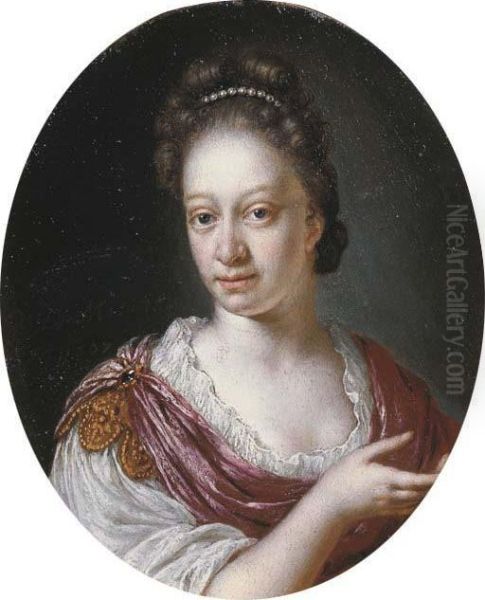 Portrait Of A Lady, Small 
Bust-length, In A White Gown And Afuchsia Shawl Held Together With A 
Gold Clasp Set With A Stone,pearls In Her Hair Oil Painting by Willem van Mieris