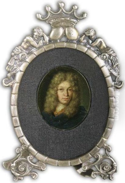 A Portrait Of A Gentleman, Bust 
Length, Wearing An Orange Coat With A Blue Velvet Cloak, A White Chemise
 And A Wig Oil Painting by Willem van Mieris