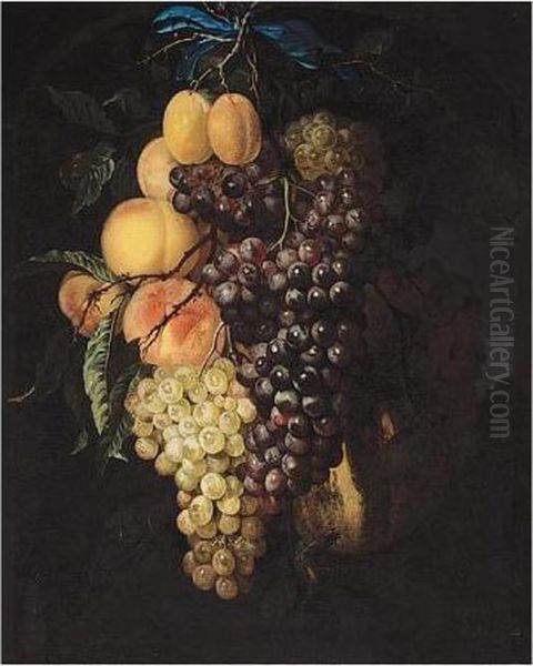 A Garland Of Grapes, Peaches, 
Apricots And A Honey Melon, Suspended From A Nail, Tied With A Blue 
Ribbon, Set Within A Feigned Stone Niche Oil Painting by Willem van Mieris