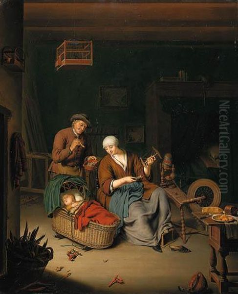 A Peasant Family In A Cottage Interior Oil Painting by Willem van Mieris