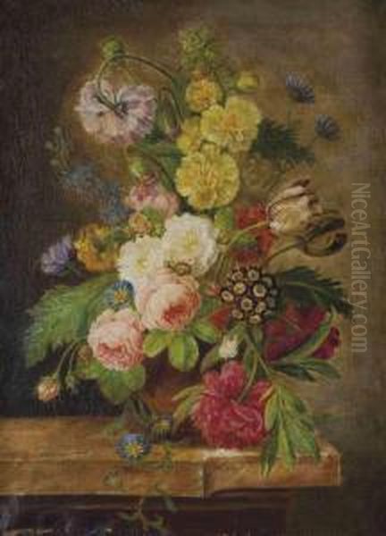 Vase Avec Pivoines, Roses Et 
Tulipes, Liserons Et Autres Fleurs Sur Un Entablement En Marbre Oil Painting by Jan van Os